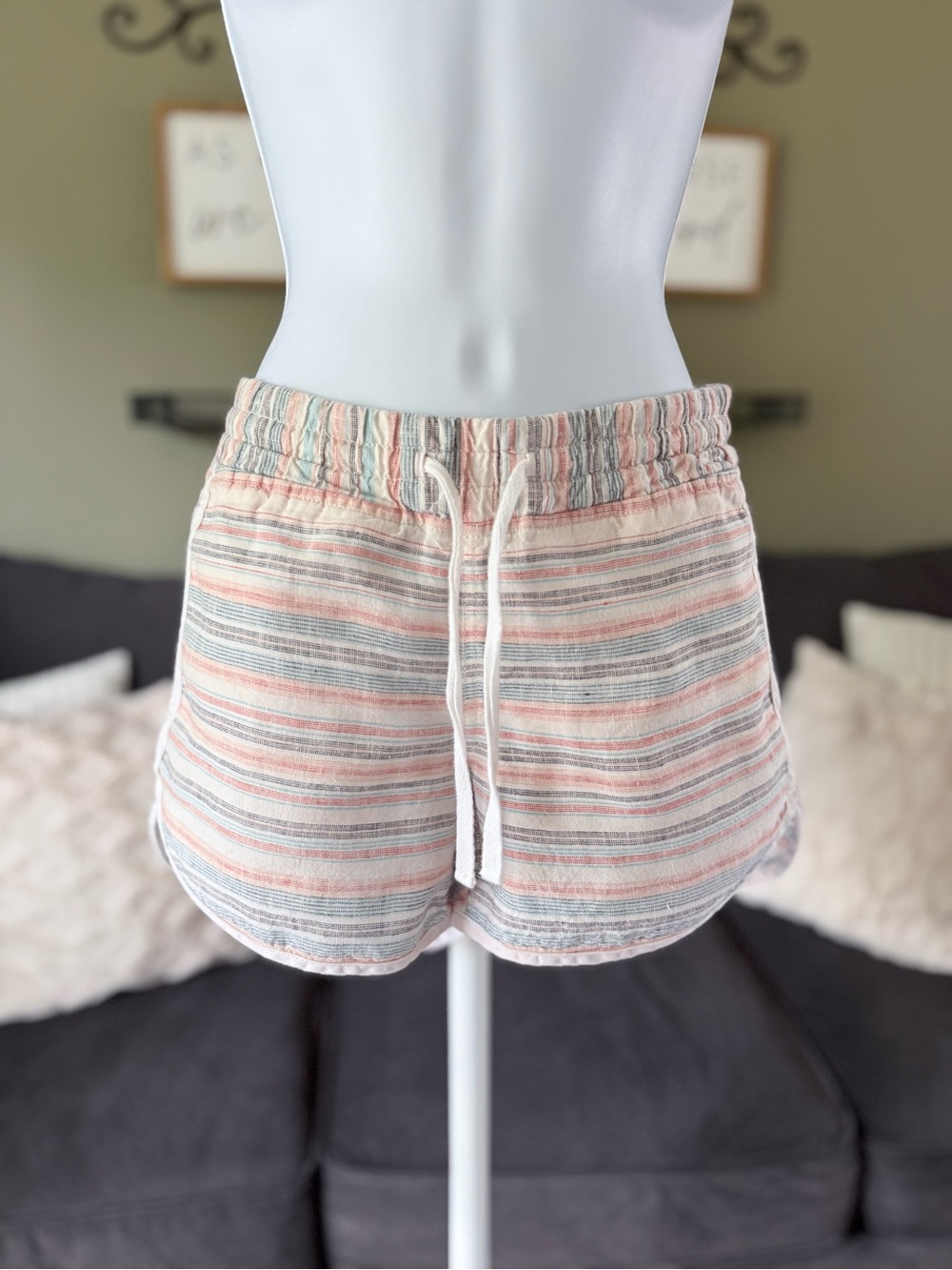 Athleta Striped Drawstring Shorts in Coral and Gray